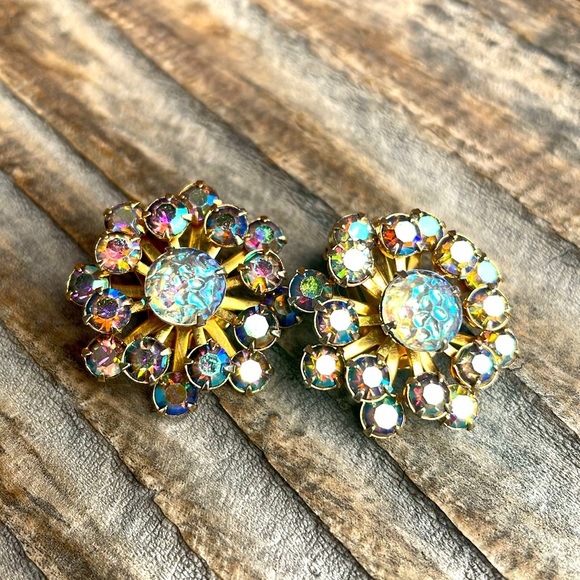 Gold and Aurora Borealis Rhinestone Starburst Clip Earrings - Picture 4 of 13